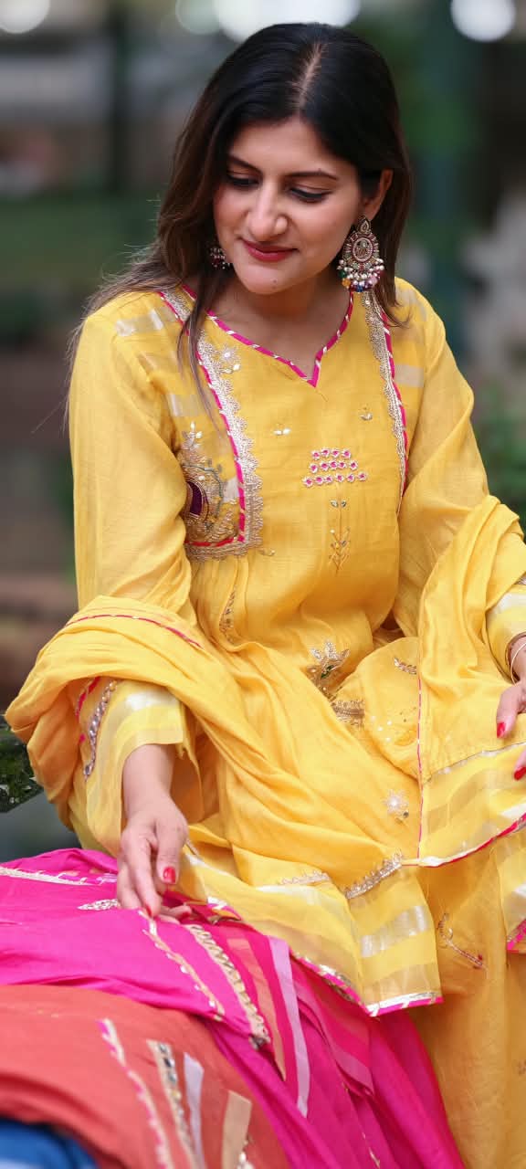 Real Mirror Heavy Embellished Work Beautiful Shades A-Line Mul-Chanderi Full Suit With Dupatta- 16485