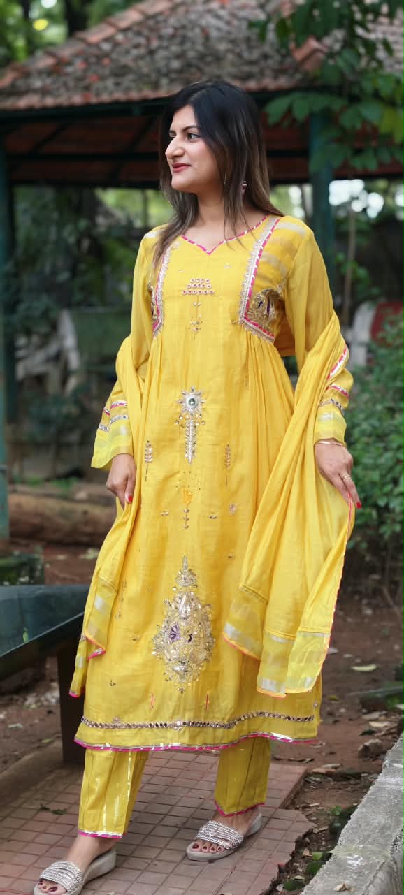 Real Mirror Heavy Embellished Work Beautiful Shades A-Line Mul-Chanderi Full Suit With Dupatta- 16485