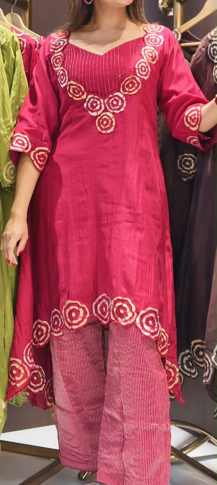 Embroidered Floral Cut-Work Outline Matching Mul-Chander A-Line Kurta With Bustier & Striped Tissue Bottom- 16460