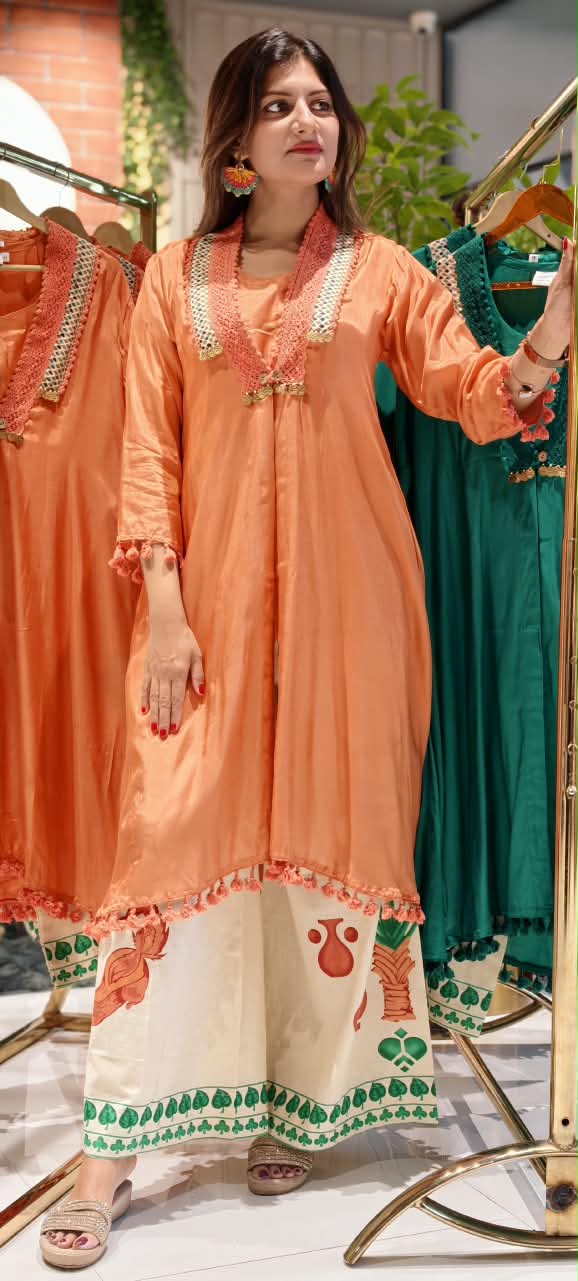Boho Crosia Coin Dangle Accented Kurta With Printed Bottom & Matching Outer Jacket- 16438