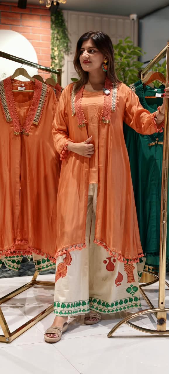 Boho Crosia Coin Dangle Accented Kurta With Printed Bottom & Matching Outer Jacket- 16438