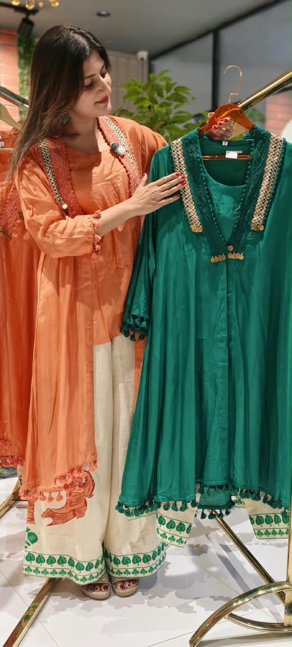 Boho Crosia Coin Dangle Accented Kurta With Printed Bottom & Matching Outer Jacket- 16438