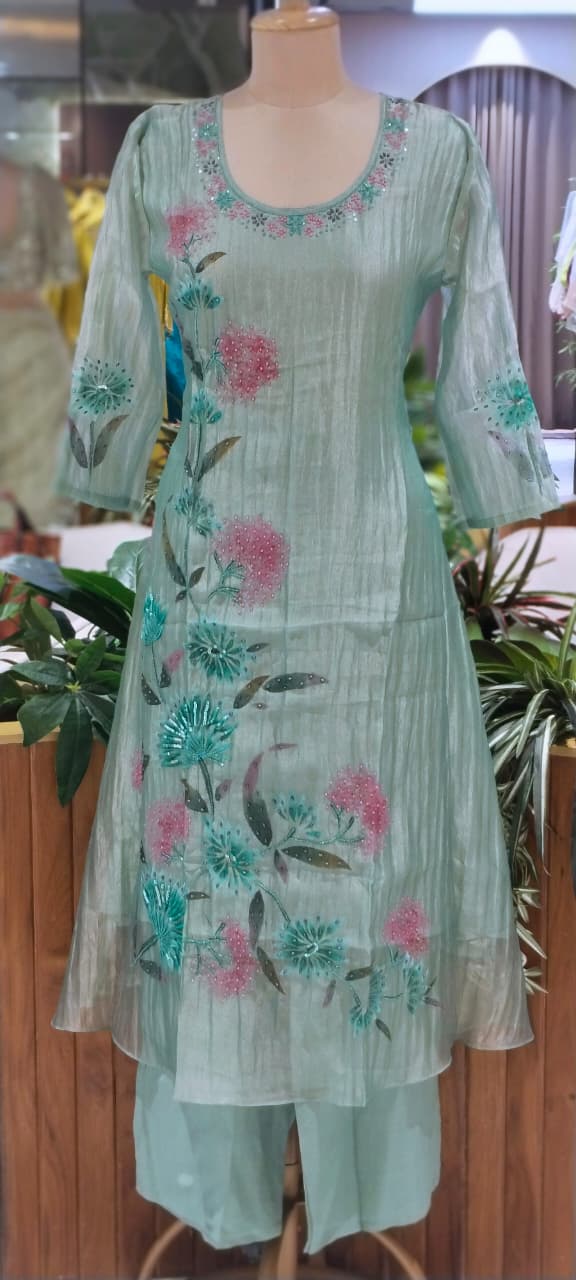 Elegant Floral Print With Beads Boota Motifs Crush Tissue A-Line Full Suit Set With Dupatta-