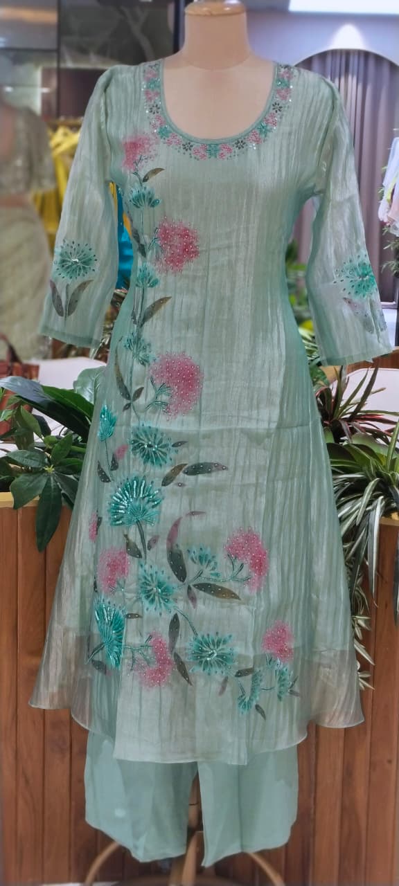 Elegant Floral Print With Beads Boota Motifs Crush Tissue A-Line Full Suit Set With Dupatta-