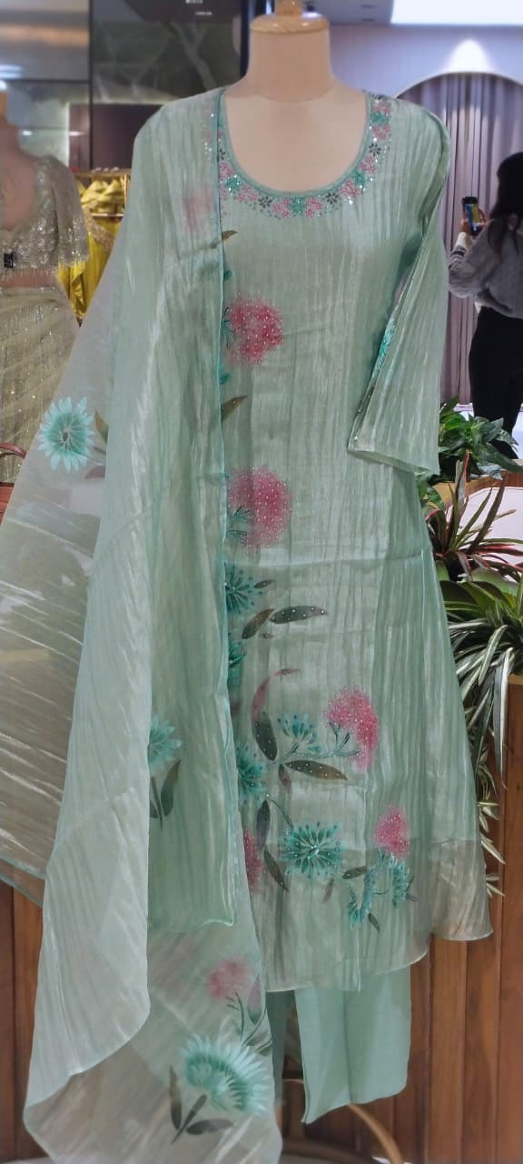 Elegant Floral Print With Beads Boota Motifs Crush Tissue A-Line Full Suit Set With Dupatta-