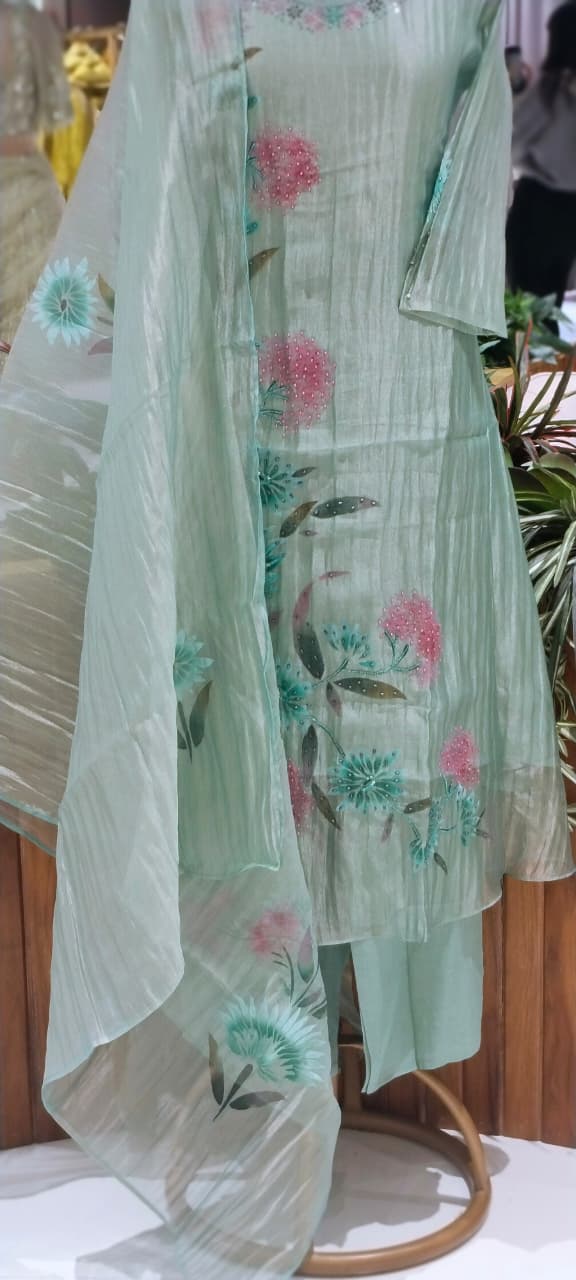 Elegant Floral Print With Beads Boota Motifs Crush Tissue A-Line Full Suit Set With Dupatta-