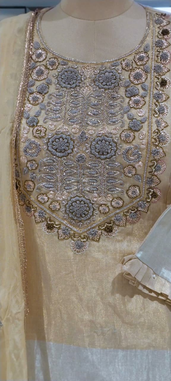 Premium Tissue Dabka Embroidered Yoke Metallic Dual Tone A-Line Full Suit Set With Dupatta- 10700