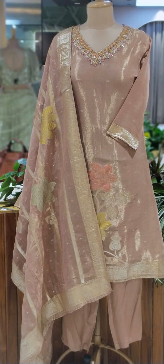 Floral Patch Embroidery Minimal Neckline Tissue A-Line Full Suit Set With Dupatta- 14000