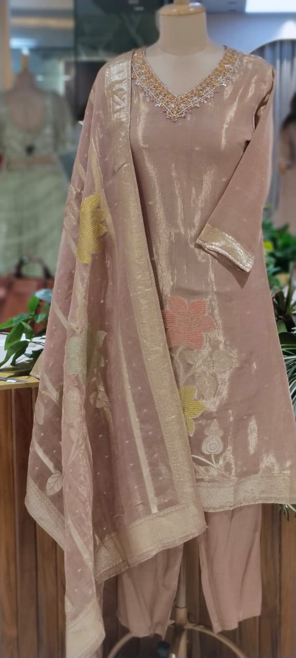 Floral Patch Embroidery Minimal Neckline Tissue A-Line Full Suit Set With Dupatta- 14000