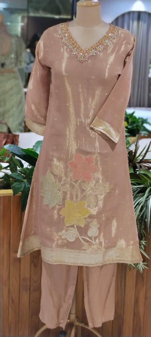 Floral Patch Embroidery Minimal Neckline Tissue A-Line Full Suit Set With Dupatta- 14000