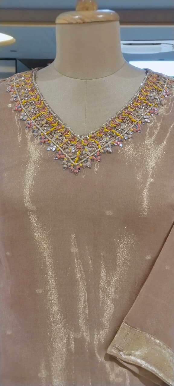 Floral Patch Embroidery Minimal Neckline Tissue A-Line Full Suit Set With Dupatta- 14000