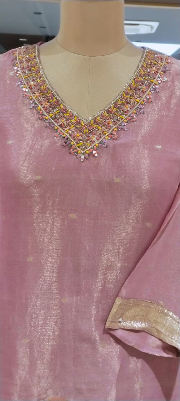Floral Patch Embroidery Minimal Neckline Tissue A-Line Full Suit Set With Dupatta- 14000