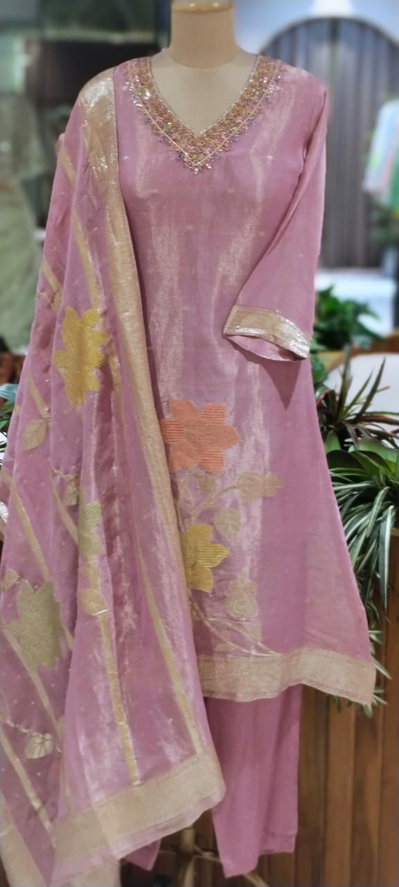 Floral Patch Embroidery Minimal Neckline Tissue A-Line Full Suit Set With Dupatta- 14000