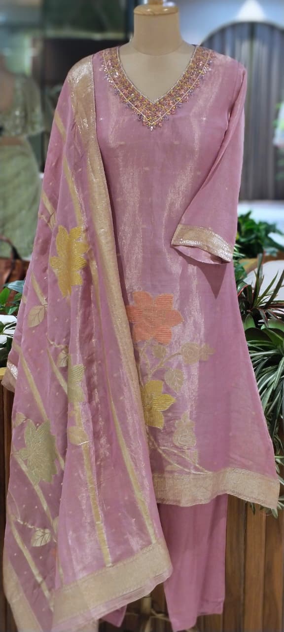 Floral Patch Embroidery Minimal Neckline Tissue A-Line Full Suit Set With Dupatta- 14000