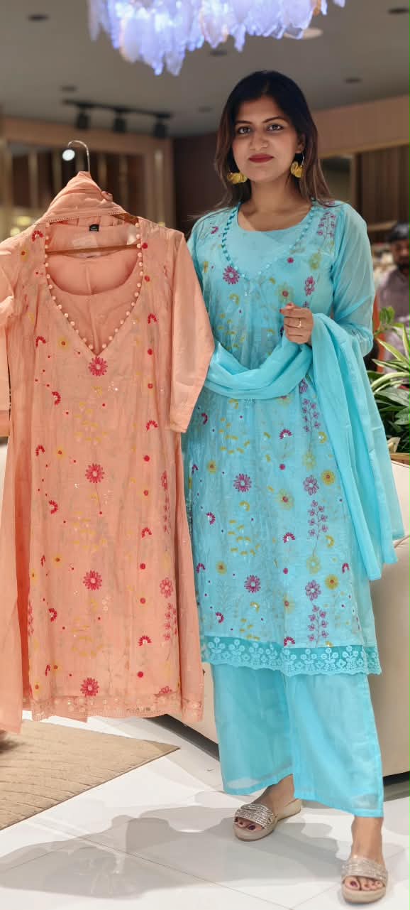 Pastel Hue Embroidered Bustier With A-Line Outer Full Suit Set Matching Bottom In Surat Mul-Chanderi Fabric- 16491