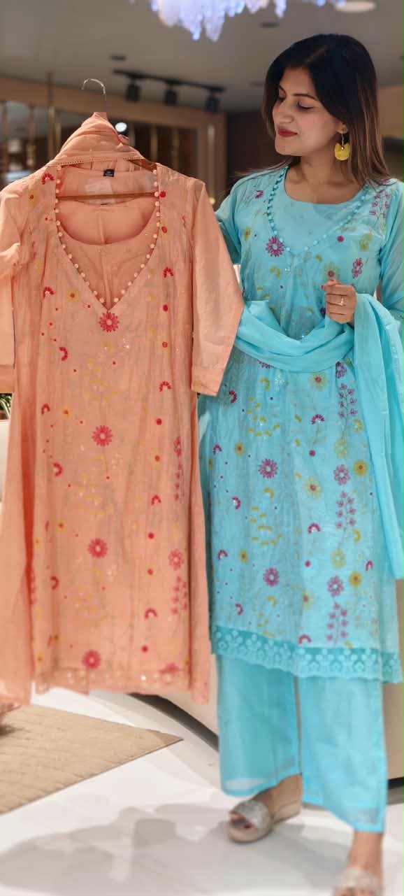 Pastel Hue Embroidered Bustier With A-Line Outer Full Suit Set Matching Bottom In Surat Mul-Chanderi Fabric- 16491
