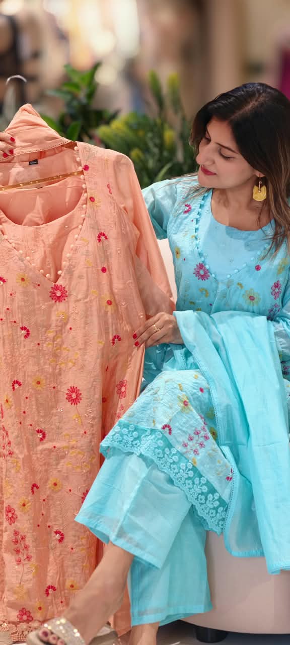 Pastel Hue Embroidered Bustier With A-Line Outer Full Suit Set Matching Bottom In Surat Mul-Chanderi Fabric- 16491