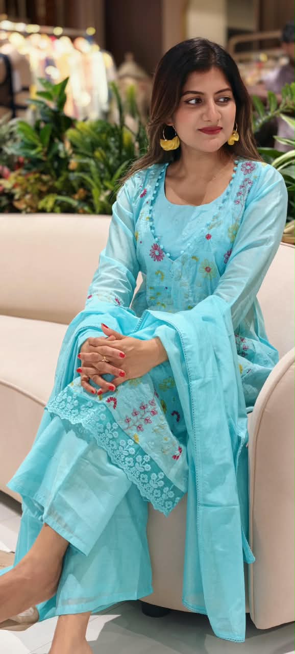 Pastel Hue Embroidered Bustier With A-Line Outer Full Suit Set Matching Bottom In Surat Mul-Chanderi Fabric- 16491