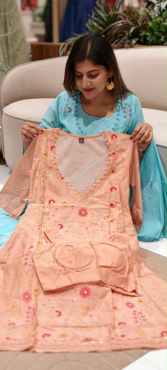 Pastel Hue Embroidered Bustier With A-Line Outer Full Suit Set Matching Bottom In Surat Mul-Chanderi Fabric- 16491