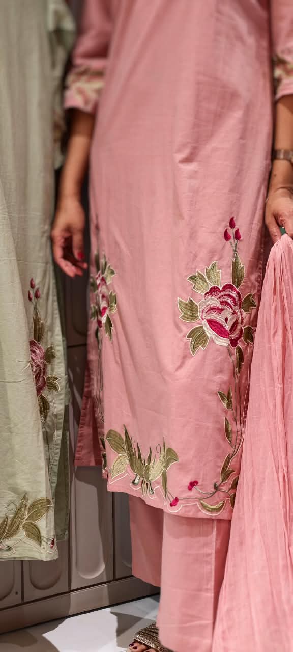 Rosy Leaf Vine Thread Embroidered Soft Cotton Formal Full Suit Set With Dupatta- 16343