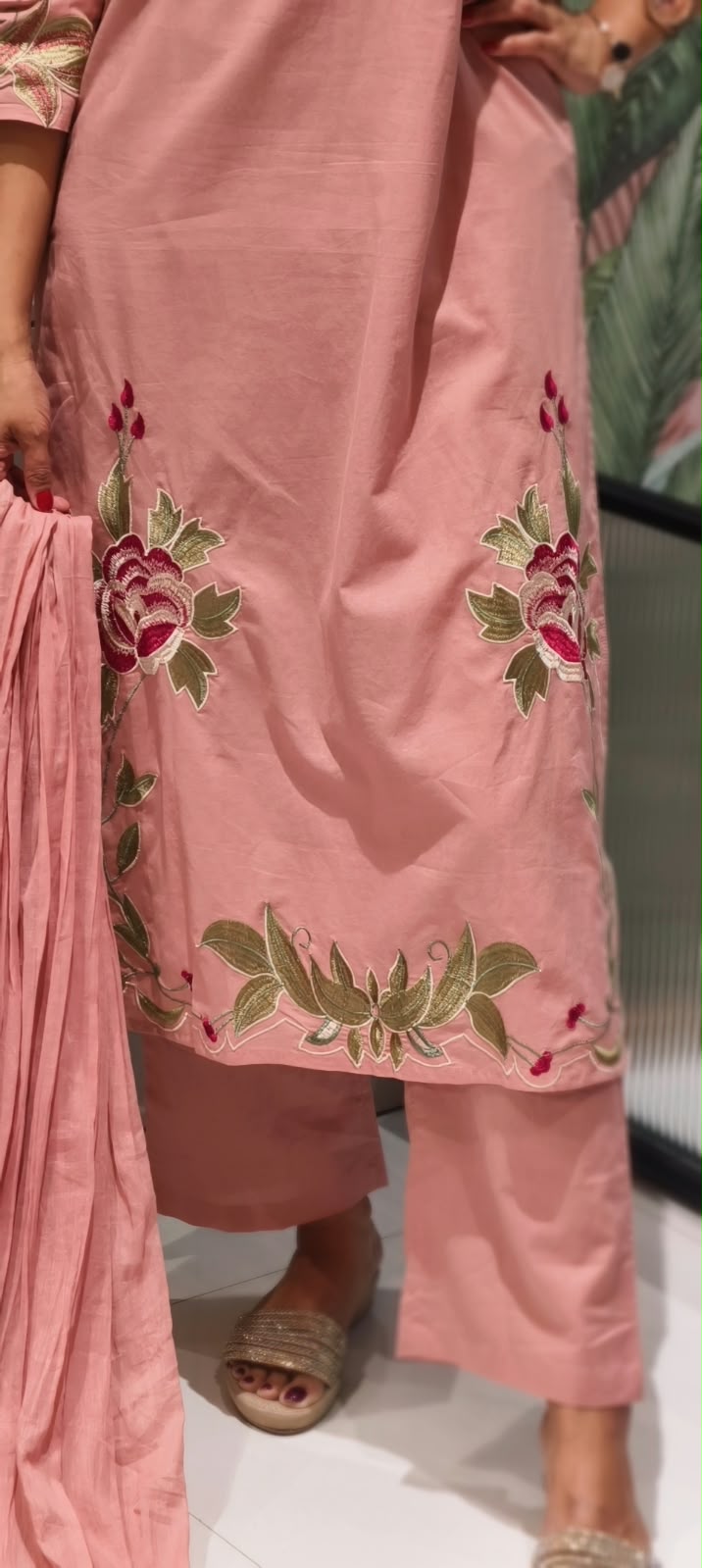 Rosy Leaf Vine Thread Embroidered Soft Cotton Formal Full Suit Set With Dupatta- 16343