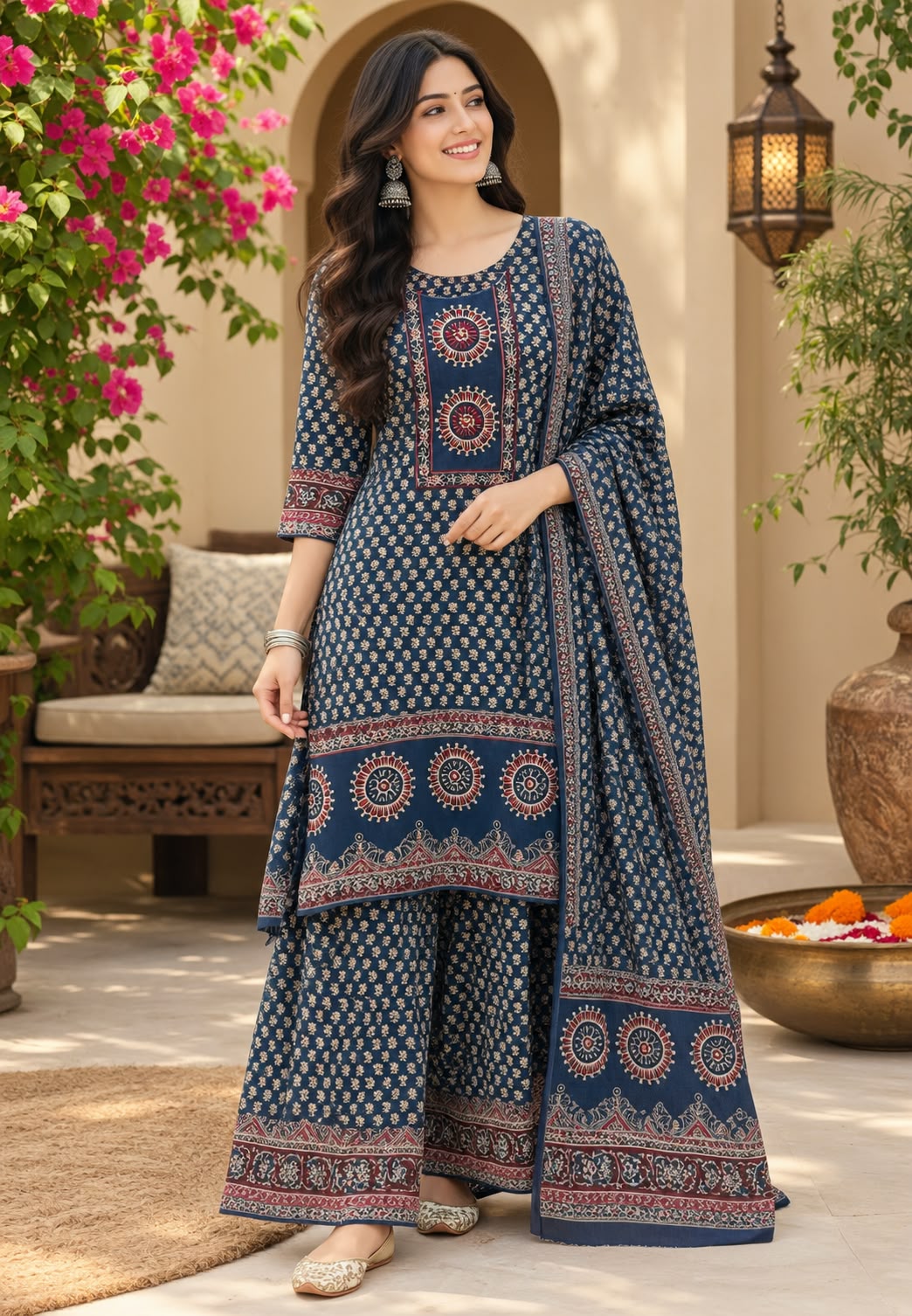 Tiny Floral Blocks Print Pure Cotton Full Suit Set With Panel Flared Palazzo Bottom & Matching Dupatta- 15931