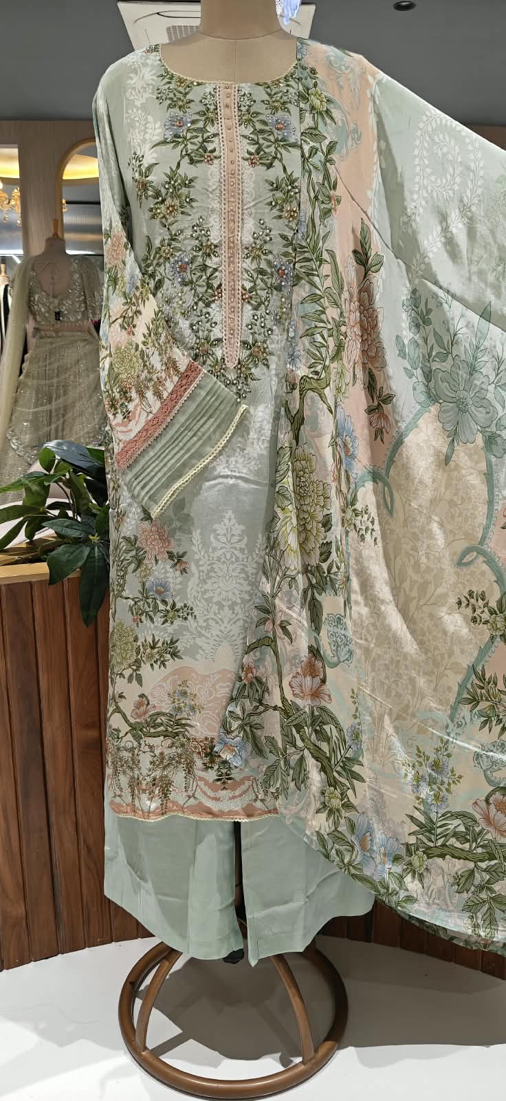 Aqua Blue & Sage Green Floral Printed & Embroidered Pleated Pakistani Style Crepe Full Suit Set With Dupatta- 16504