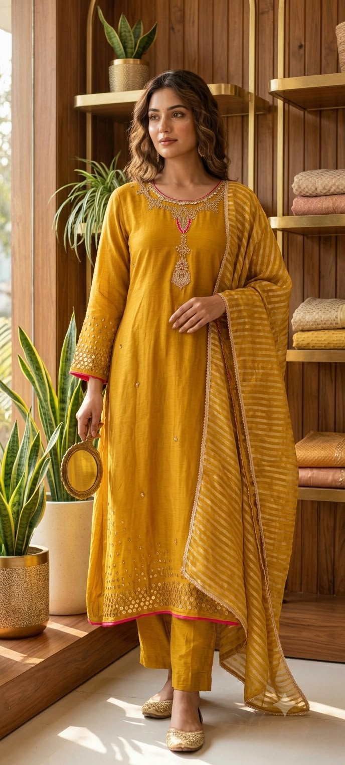 Pure Banarasi Mul-Chanderi Shiny Sequin Scattered Touch Beautiful Neckline A-Line Full Suit Set With Dupatta- 16331