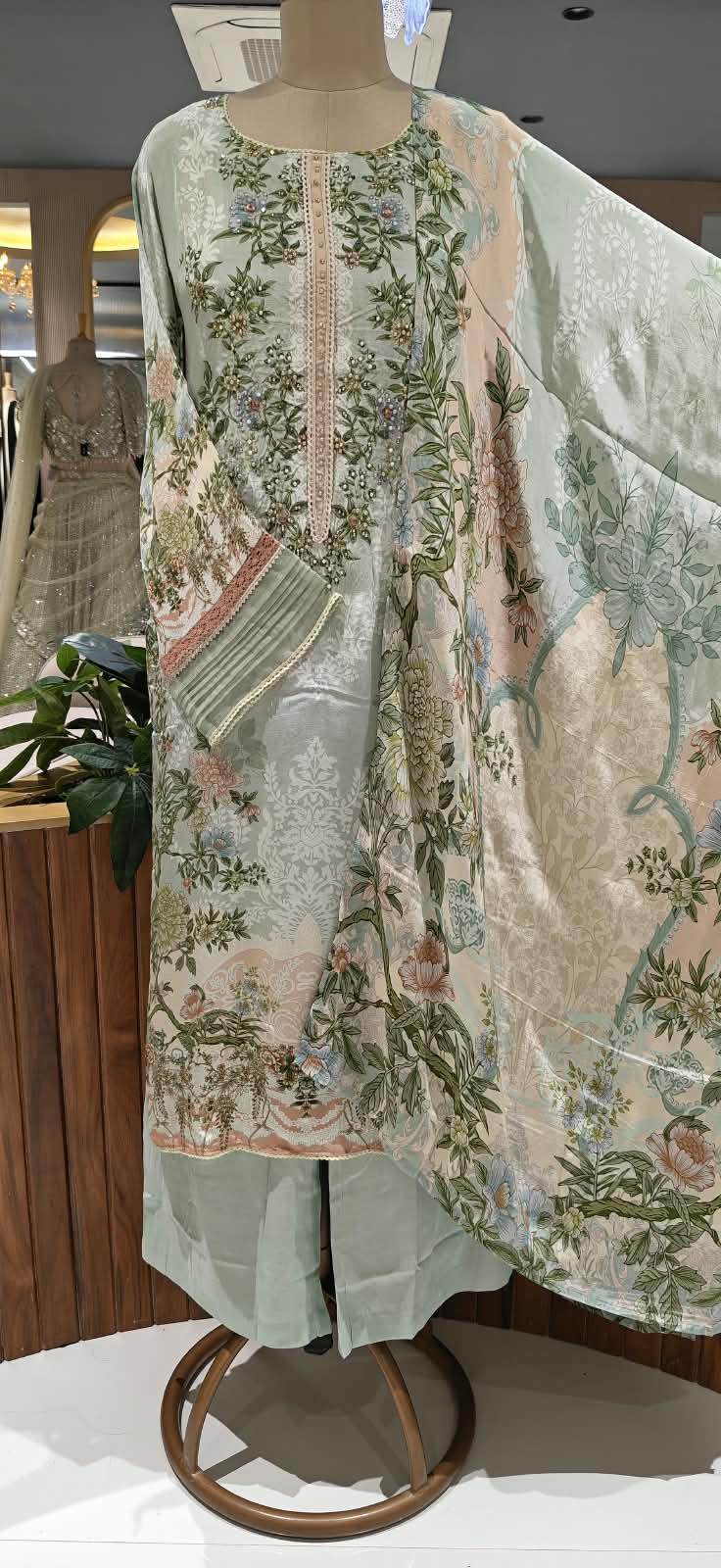 Aqua Blue & Sage Green Floral Printed & Embroidered Pleated Pakistani Style Crepe Full Suit Set With Dupatta- 16504