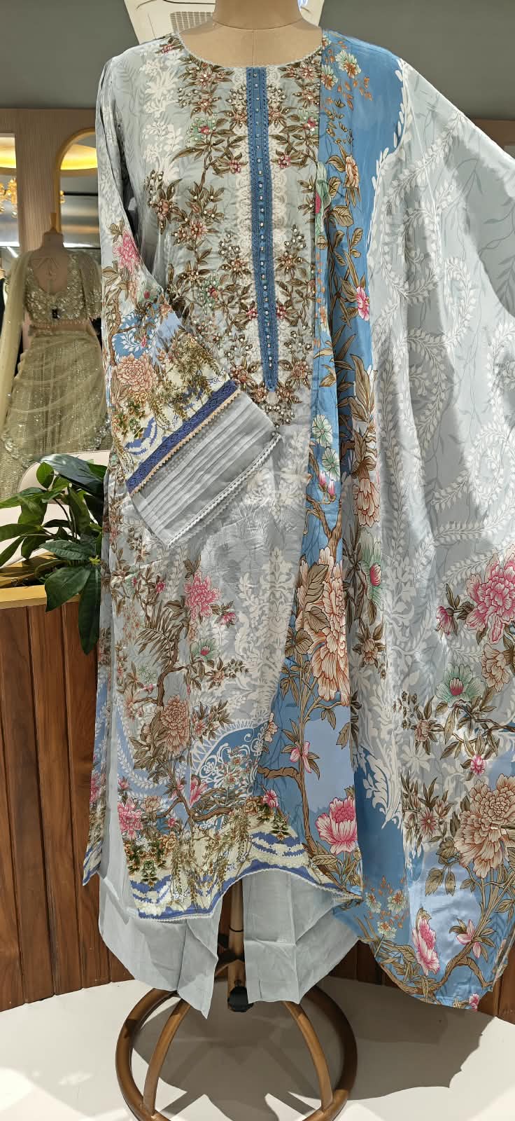 Aqua Blue & Sage Green Floral Printed & Embroidered Pleated Pakistani Style Crepe Full Suit Set With Dupatta- 16504