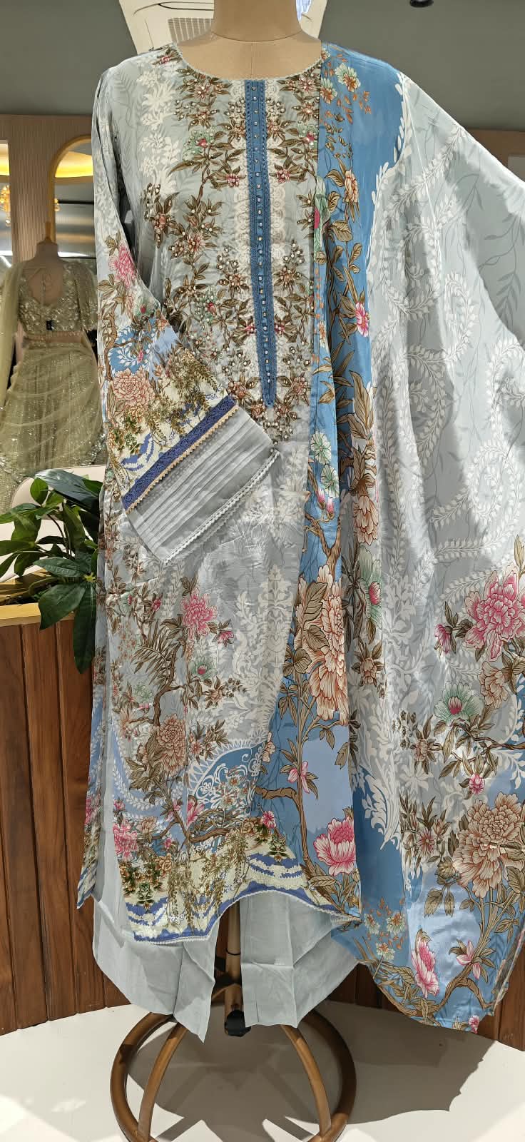 Aqua Blue & Sage Green Floral Printed & Embroidered Pleated Pakistani Style Crepe Full Suit Set With Dupatta- 16504