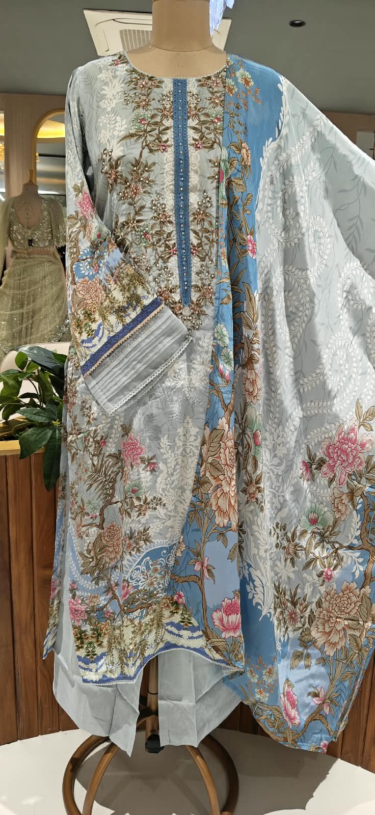 Aqua Blue & Sage Green Floral Printed & Embroidered Pleated Pakistani Style Crepe Full Suit Set With Dupatta- 16504