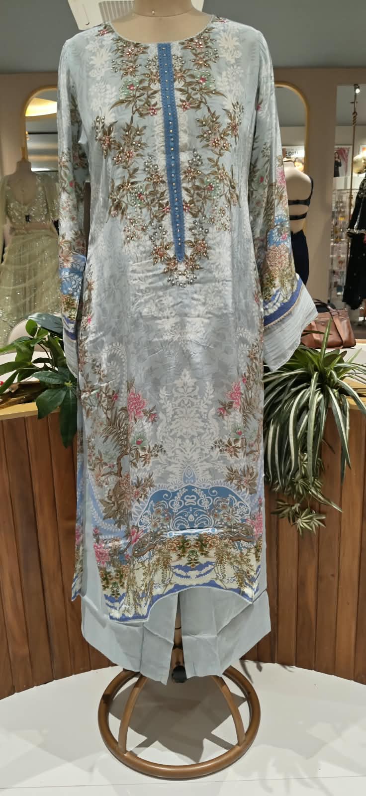 Aqua Blue & Sage Green Floral Printed & Embroidered Pleated Pakistani Style Crepe Full Suit Set With Dupatta- 16504