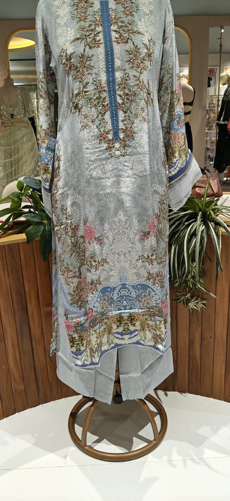 Aqua Blue & Sage Green Floral Printed & Embroidered Pleated Pakistani Style Crepe Full Suit Set With Dupatta- 16504