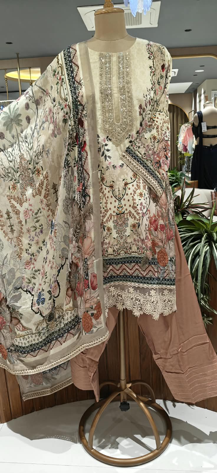 Off-White Floral Printed Heavily Embroidered Neckline & Lace Hem Crepe Pakistani Style Full Suit Set With Dupatta- 16501