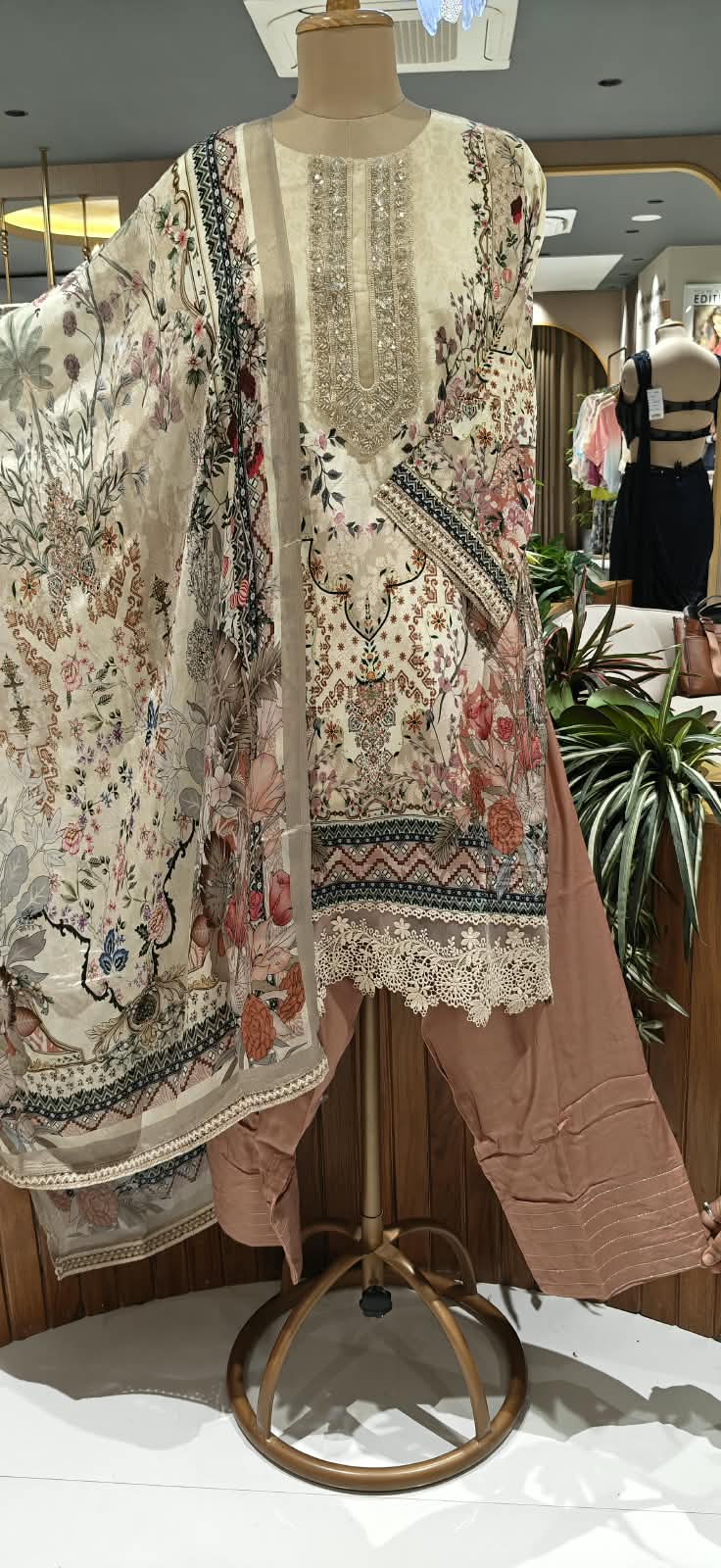 Off-White Floral Printed Heavily Embroidered Neckline & Lace Hem Crepe Pakistani Style Full Suit Set With Dupatta- 16501