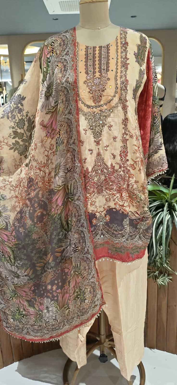 Beige & Peach Floral Printed Embroidered Crepe Pakistani Fit Full Suit Set With Farshi Bottom & Dupatta- 16502