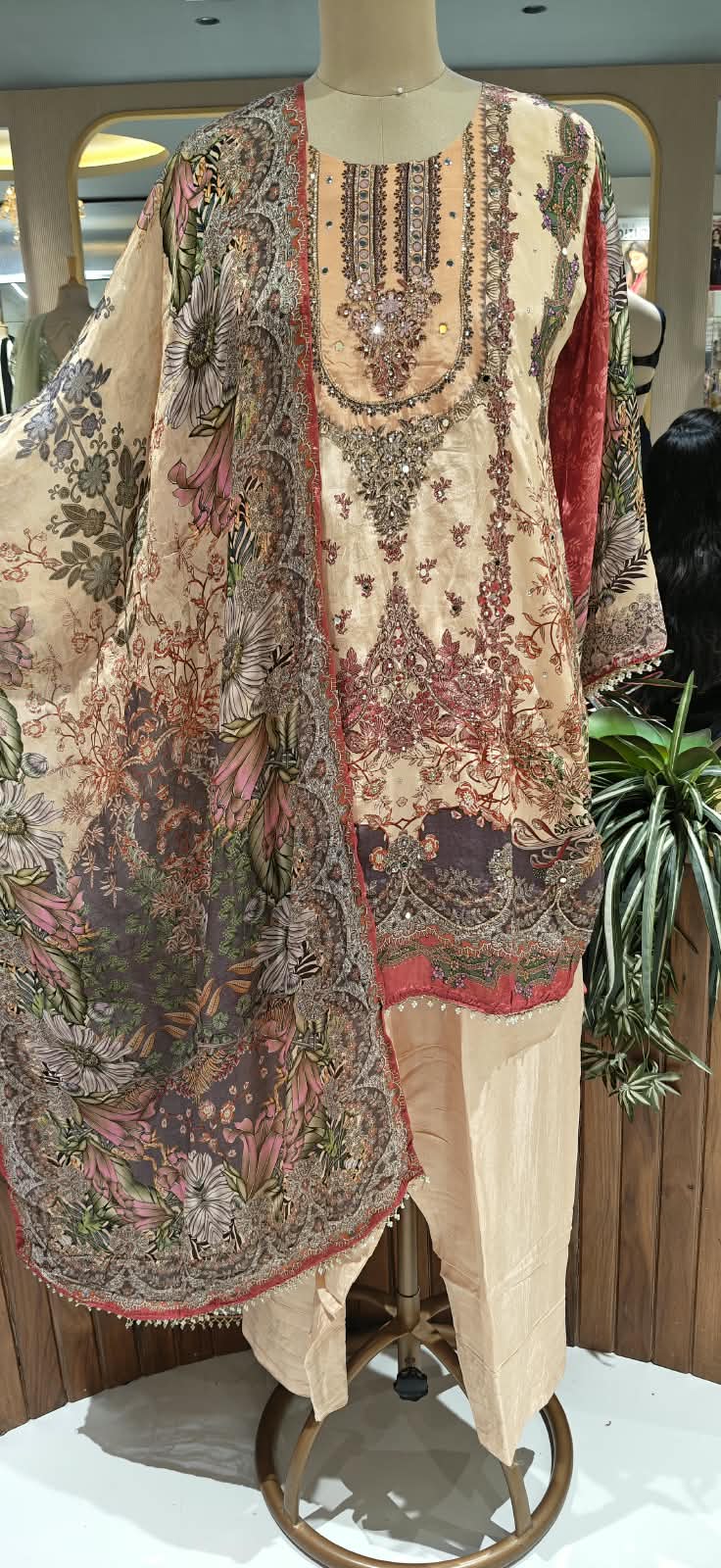 Beige & Peach Floral Printed Embroidered Crepe Pakistani Fit Full Suit Set With Farshi Bottom & Dupatta- 16502