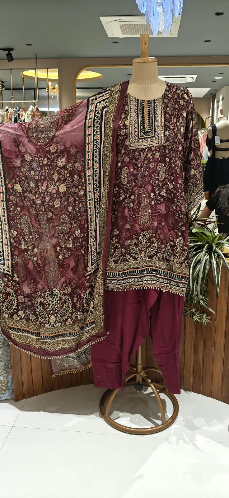 Deep Wine Floral & Paisley Print Pakistani Style Crepe Full Suit Set with Matching Dupatta & Farshi Bottom- 16500