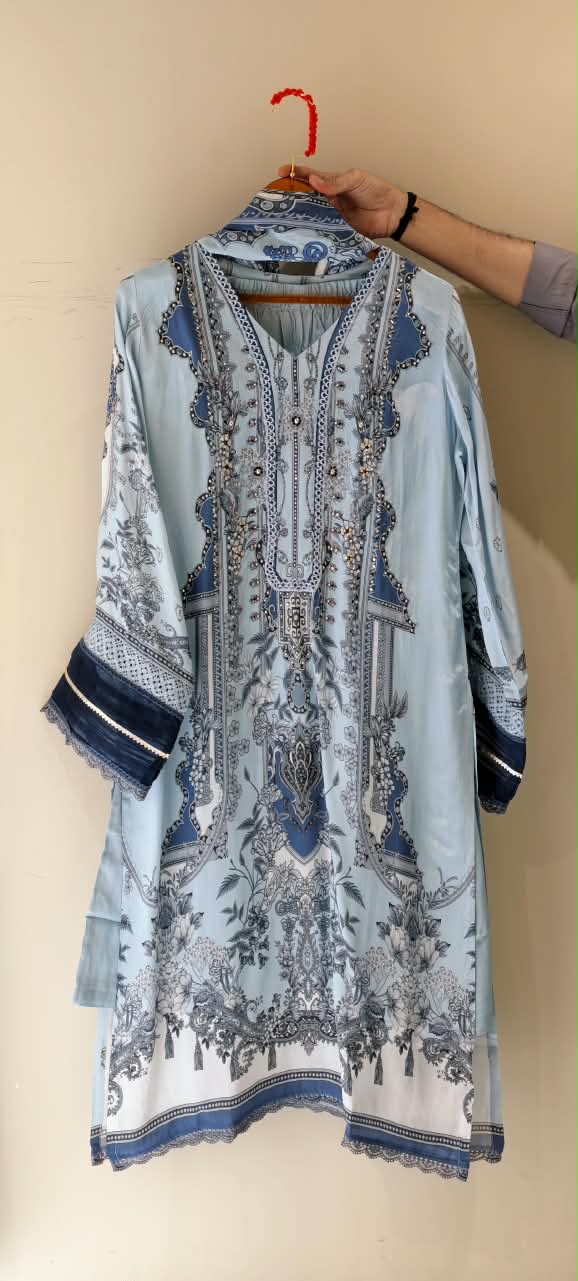 Graceful Twin Blue Floral Printed With Shimmery Highlights Pakistani Style Crepe Full Suit Set With Dupatta & Farshi Bottom- 16502