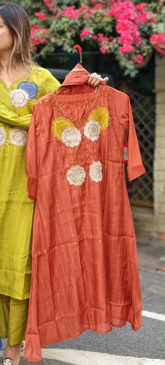 Floral Patch Embroidered Yoke Surat Mul-Chanderi A-Line Full Suit Set With Dupatta- 16508