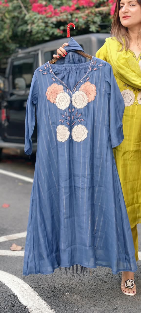 Floral Patch Embroidered Yoke Surat Mul-Chanderi A-Line Full Suit Set With Dupatta- 16508
