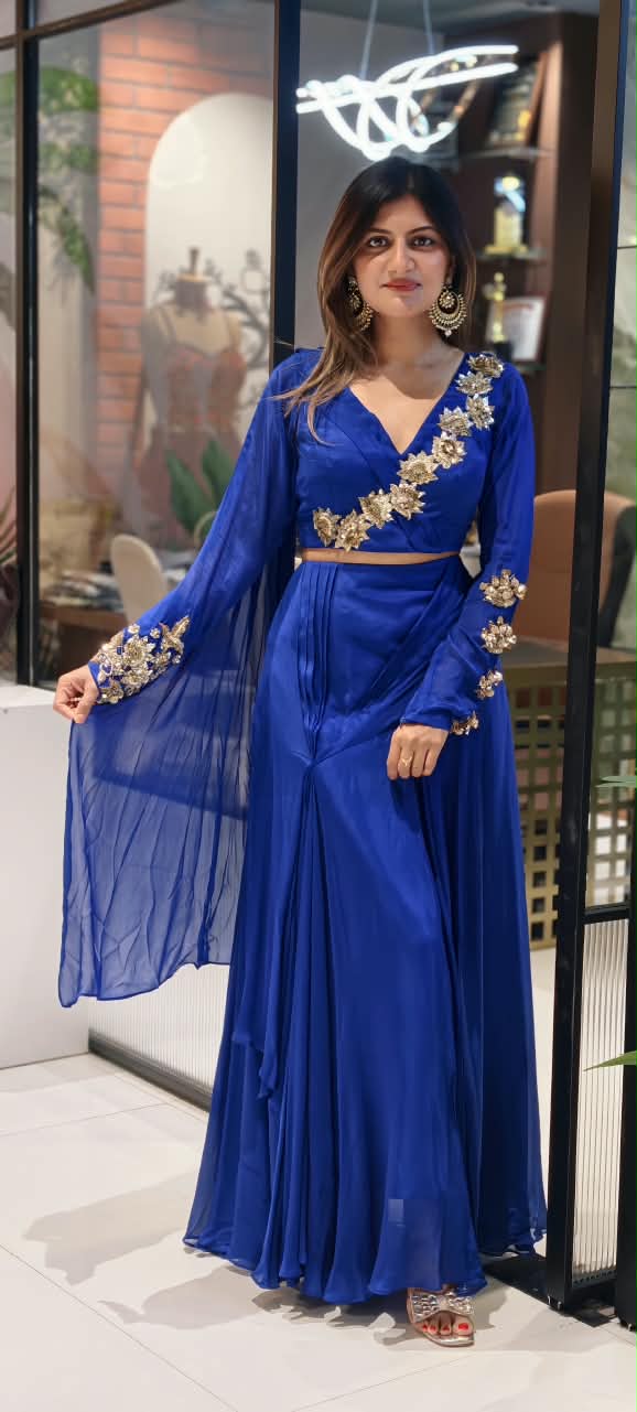 Stylish Golden Floral Popped Pleated Crop-Top With Flared Bottom Indo Wear- 15098