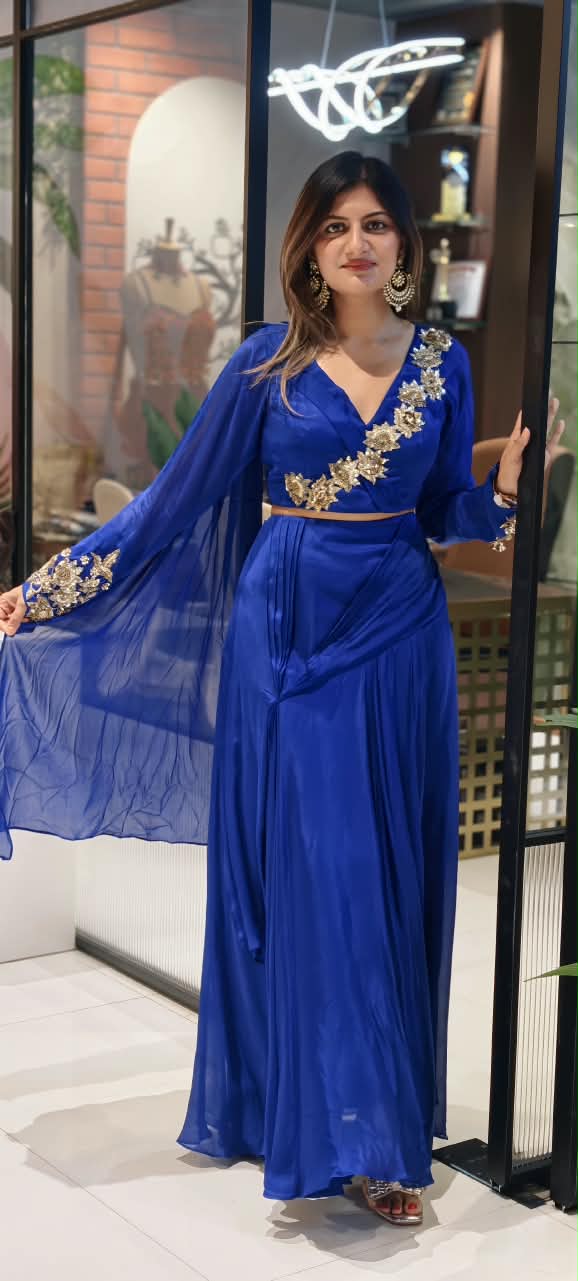 Stylish Golden Floral Popped Pleated Crop-Top With Flared Bottom Indo Wear- 15098