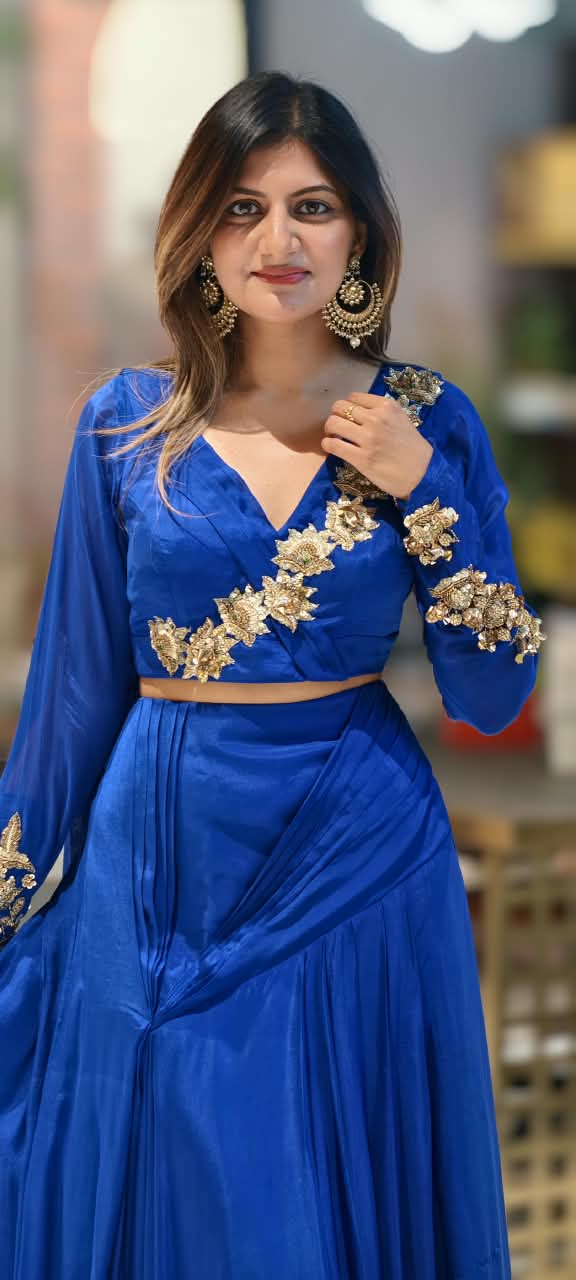 Stylish Golden Floral Popped Pleated Crop-Top With Flared Bottom Indo Wear- 15098