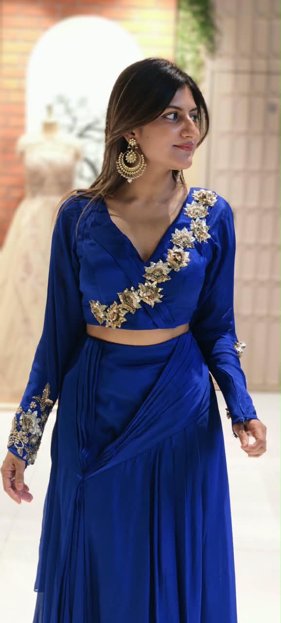 Stylish Golden Floral Popped Pleated Crop-Top With Flared Bottom Indo Wear- 15098