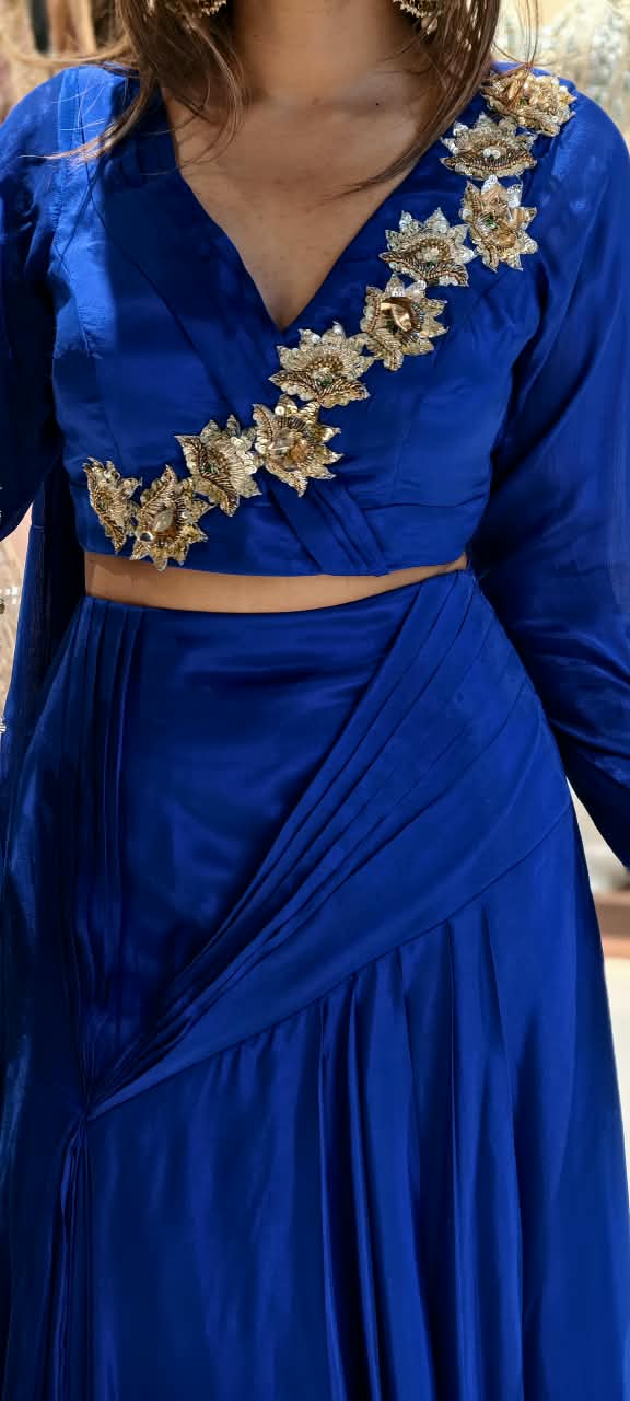 Stylish Golden Floral Popped Pleated Crop-Top With Flared Bottom Indo Wear- 15098