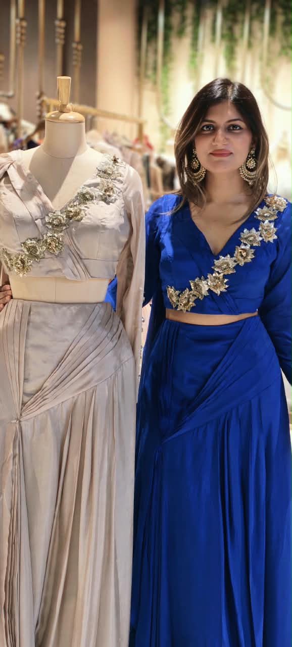 Stylish Golden Floral Popped Pleated Crop-Top With Flared Bottom Indo Wear- 15098