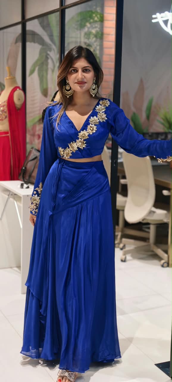Stylish Golden Floral Popped Pleated Crop-Top With Flared Bottom Indo Wear- 15098