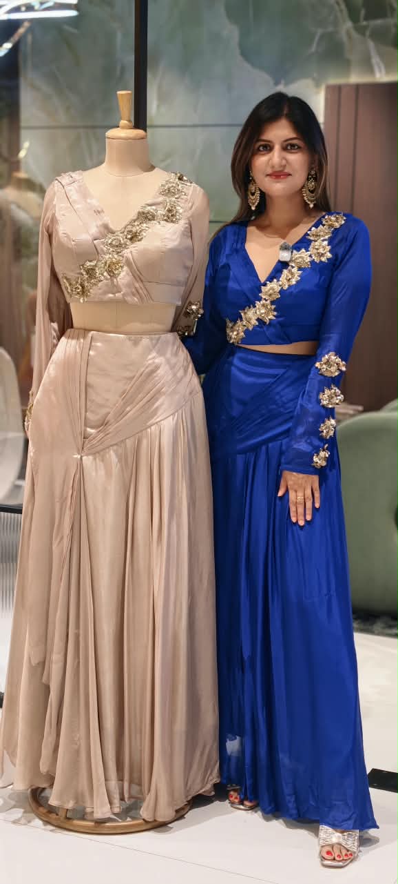 Stylish Golden Floral Popped Pleated Crop-Top With Flared Bottom Indo Wear- 15098